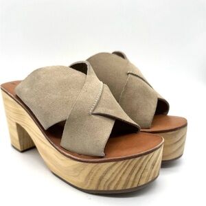 Free People Kora Suede Platform Slides Taupe Wood Heel Size 37 NEW